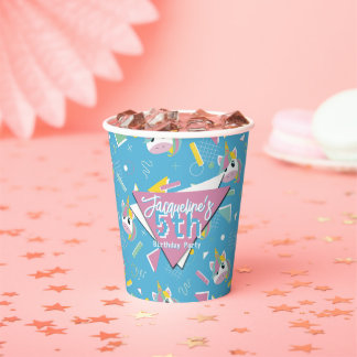 Girls Retro Blue Unicorn Birthday Paper Cups