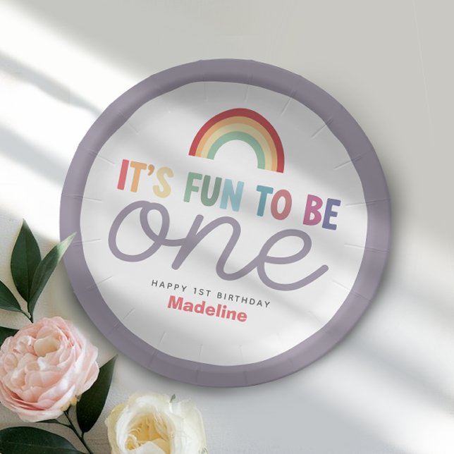 Girls Retro Fun to be One Rainbow 1st Birthday Paper Plate (Creator Uploaded)