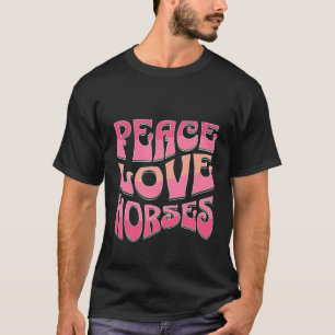 Girls Retro Horse Peace Love Horses Wavy Pink Tex T-Shirt