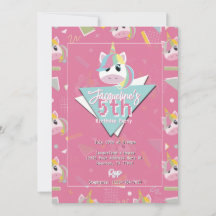 Girls Retro Pink Unicorn Birthday Invitation