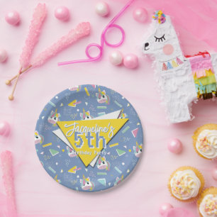 Girls Retro Purple Unicorn Birthday Paper Plate