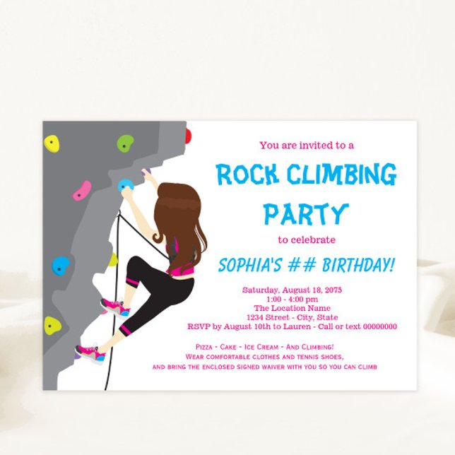 Girls Rock Climbing Birthday Party Invitations (Cute colorful rock climbing party invitation.)