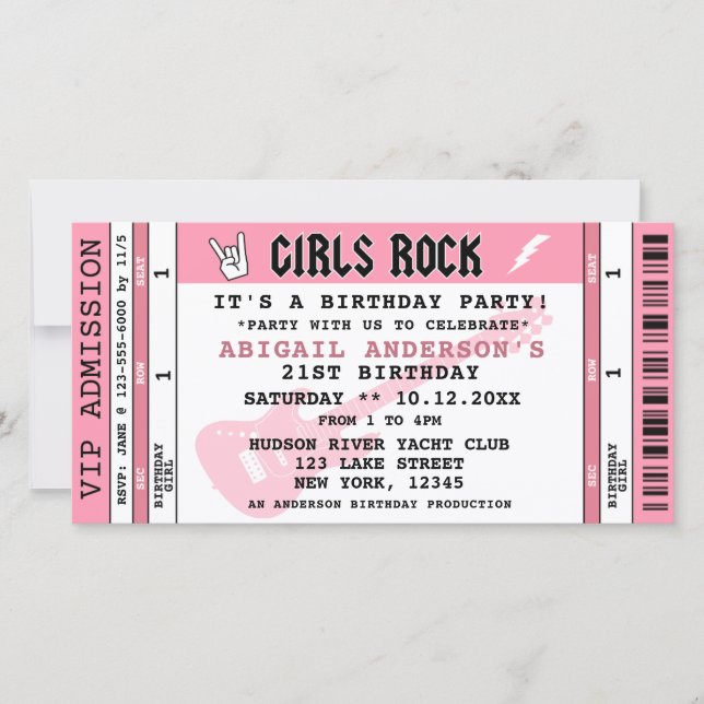 GIRLS ROCK CONCERT TICKET  BIRTHDAY INVITATION (Front)