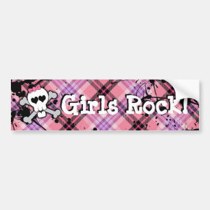 Girls Rock, Pink Skull /Crossbones Bumper Sticker