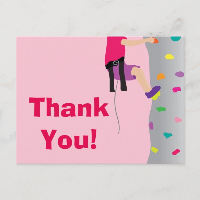 Girl's Rock Wall Climbing Birthday Party Thank You Postcard (Front)