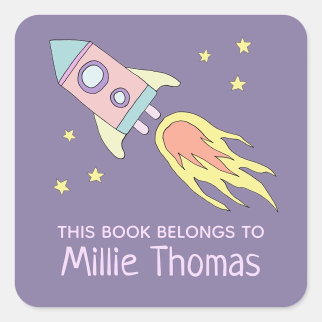 Girl's Rocket Ship 'This Book Belongs' and Name Square Sticker (Front)