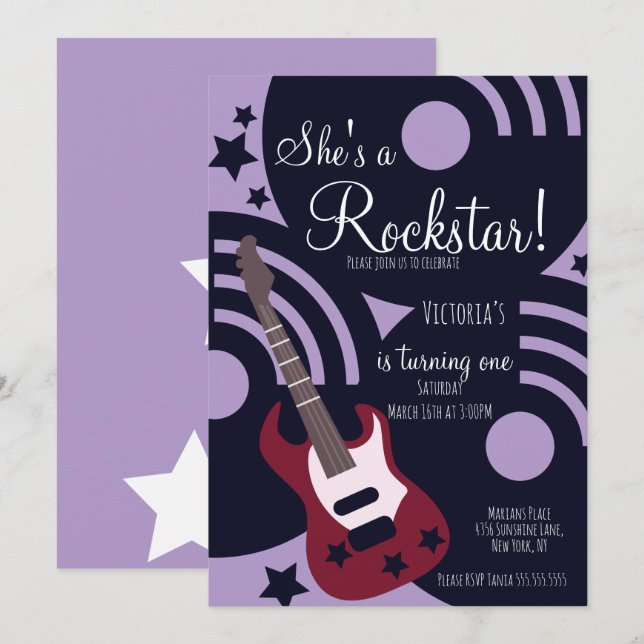 Girls Rockstar Guitar Star Rock Birthday Party  Invitation (Front/Back)