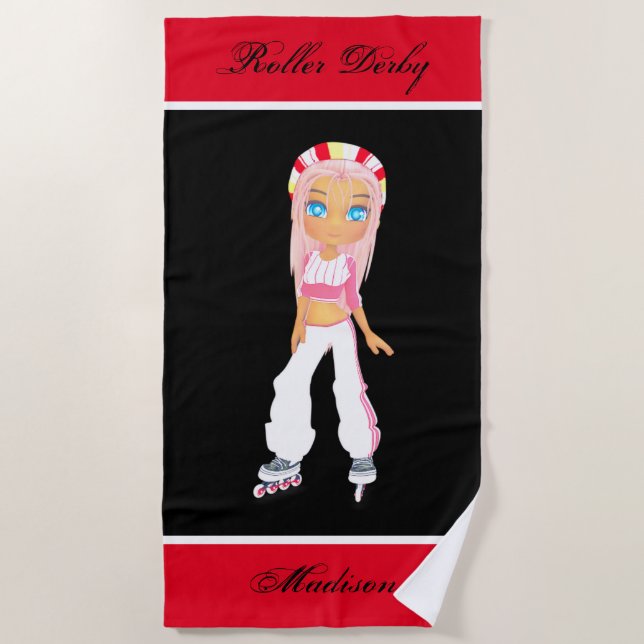 Girls Roller Derby Personalised Beach Towel (Front)