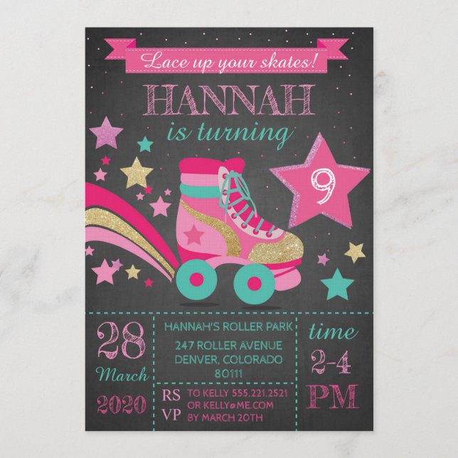 Girls Roller Skating Birthday Party Invitation (Front)