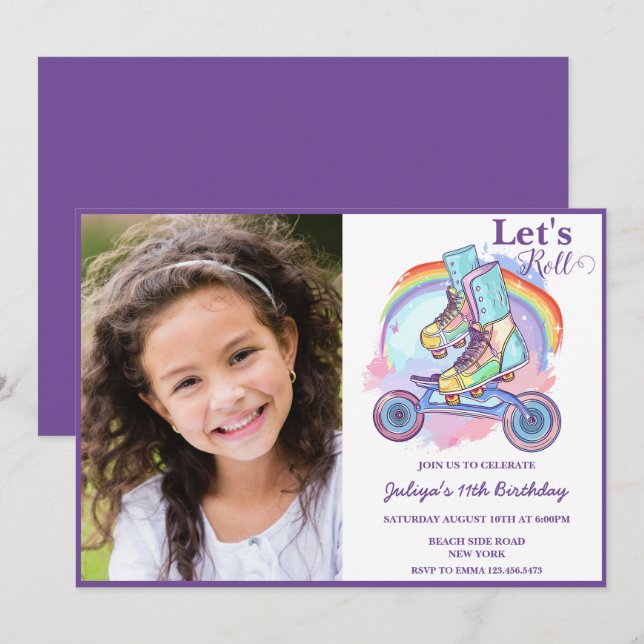 Girls Roller Skating Photo Birthday  Invitation (Front/Back)