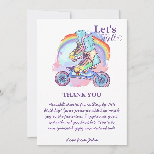 Girls Roller Skating purple Birthday Thank You Card (Front)