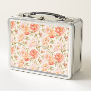 Girls Room Decor Pink Coral Watercolor Flowers Metal Lunch Box