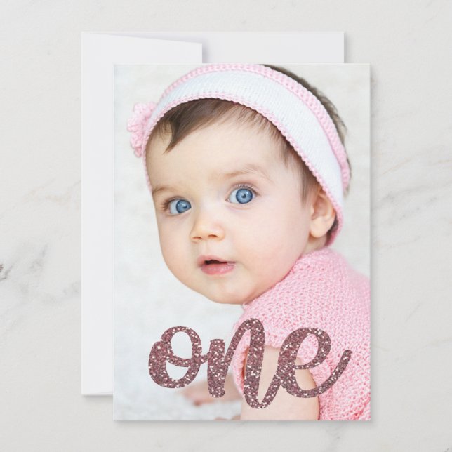 Girls Rose Gold Glitter Photo First Birthday Invitation (Front)