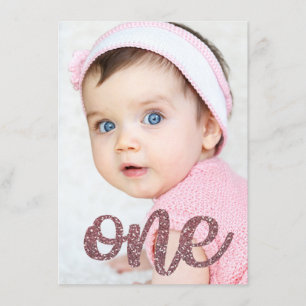 Girls Rose Gold Glitter Photo First Birthday Invitation