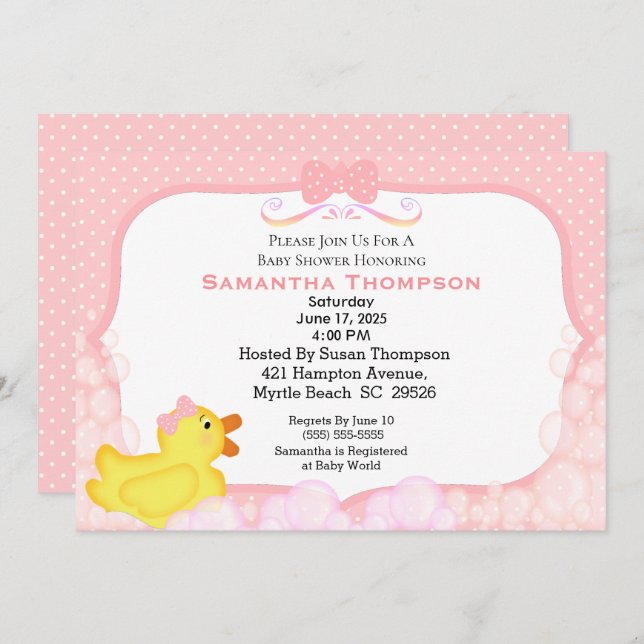 Girls Rubber Ducky Baby Shower Invitations (Front/Back)