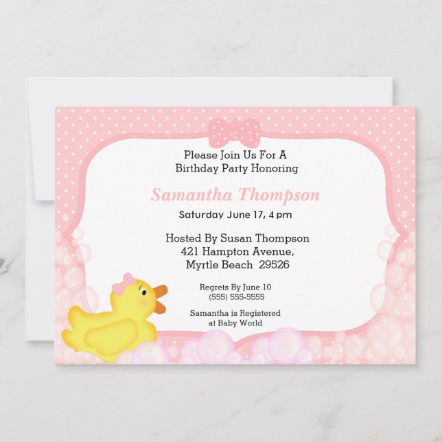 Girls Rubber Ducky Birthday Party   Invitations (Front)
