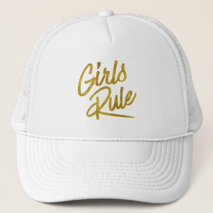 Girls Rule Gold Faux Foil Metallic Glitter Quote Trucker Hat