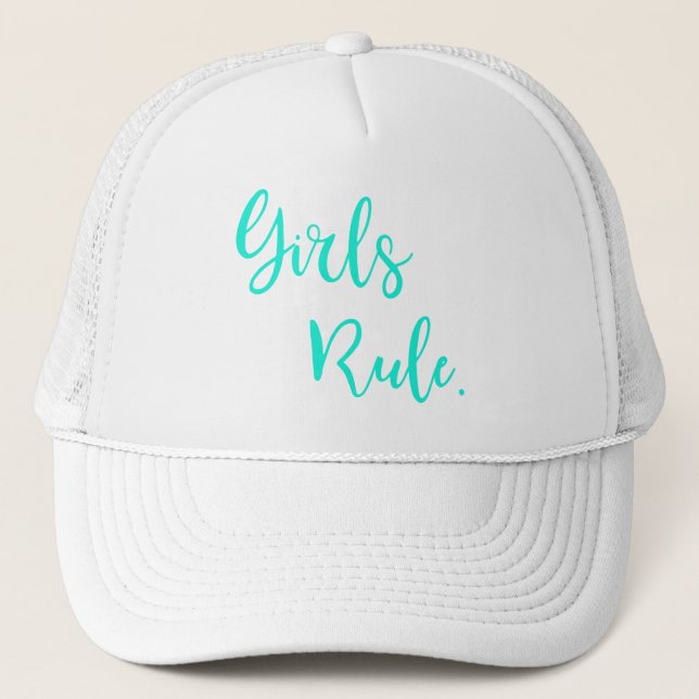 Girls Rule Inspirational Green Text White Trucker Hat (Front)