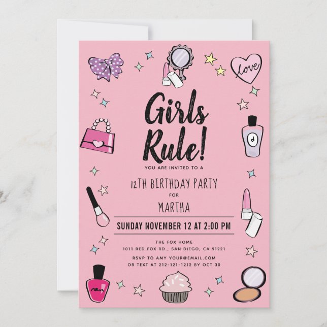 Girls Rule Makeup Spa Slumber Pink Birthday Invitation (Front)