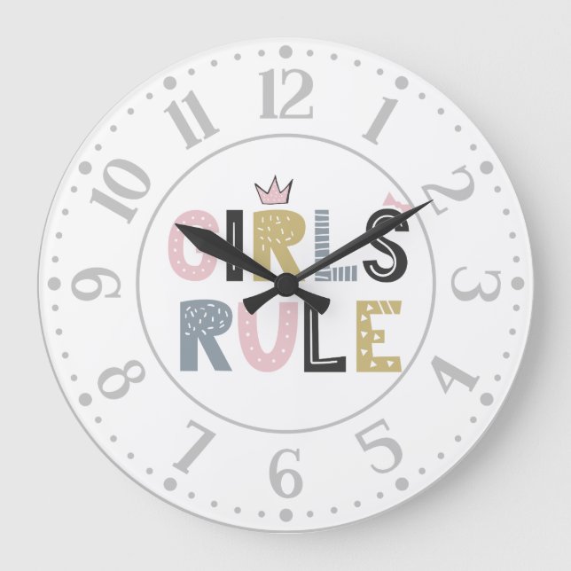 Girls Rule Scandinavian Word Art   Large Clock (Front)