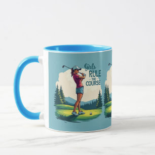 Girls Rule the Course Retro Golf Illustration Blue Mug
