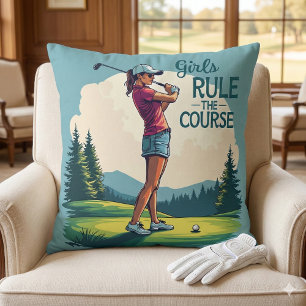 Girls Rule the Course Retro Golf Illustration Cushion