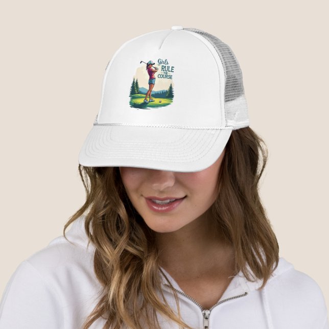 Girls Rule the Course Retro Golf Illustration Trucker Hat (In Situ)