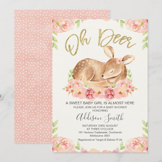 Girls Rustic Floral Deer Baby Shower Invitation (Front/Back)
