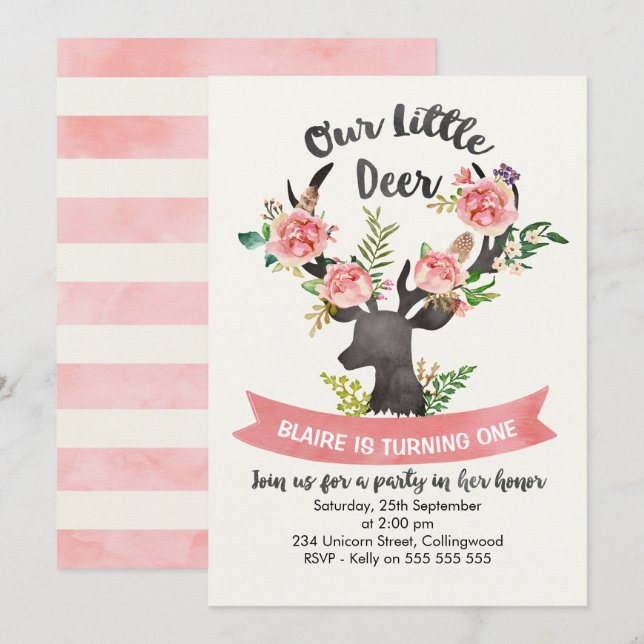 Girls Rustic Floral Deer Birthday Invitation (Front/Back)