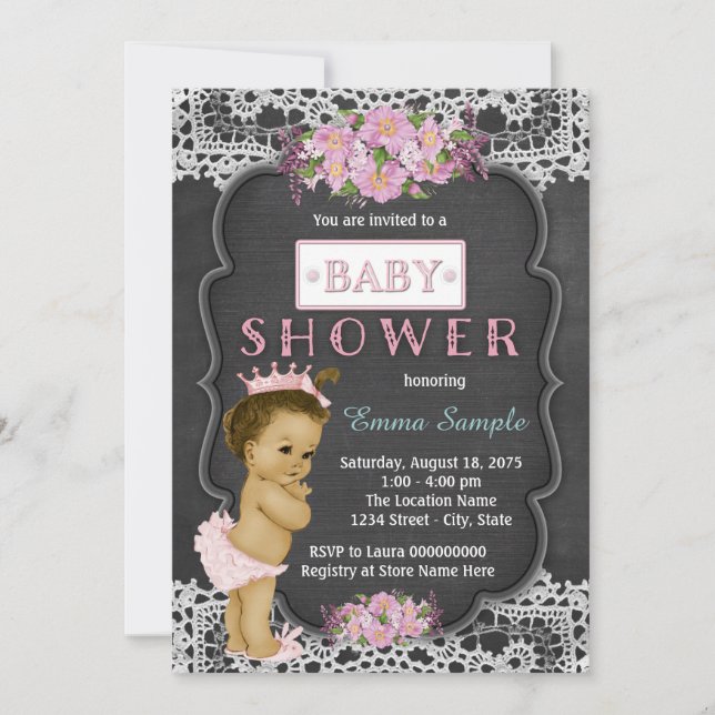 Girls Rustic Lace Chalkboard Baby Shower Invitation (Front)