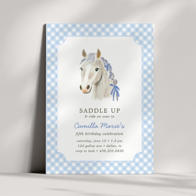 Girls Saddle Up Preppy Pony Horse Blue Birthday  Invitation (Creator Uploaded)