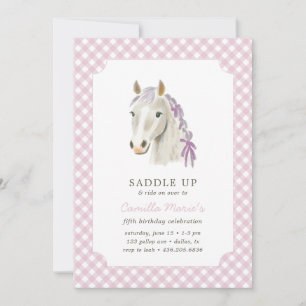 Girls Saddle Up Preppy Pony Horse Pink Birthday  Invitation