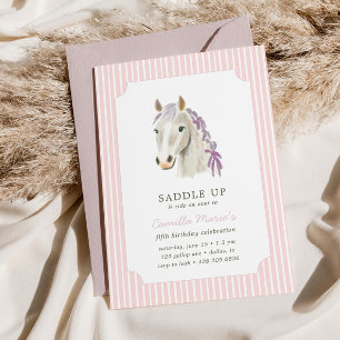 Girls Saddle Up Preppy Pony Horse Pink Birthday Invitation