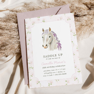Girls Saddle Up Preppy Pony Horse Pink Birthday Invitation