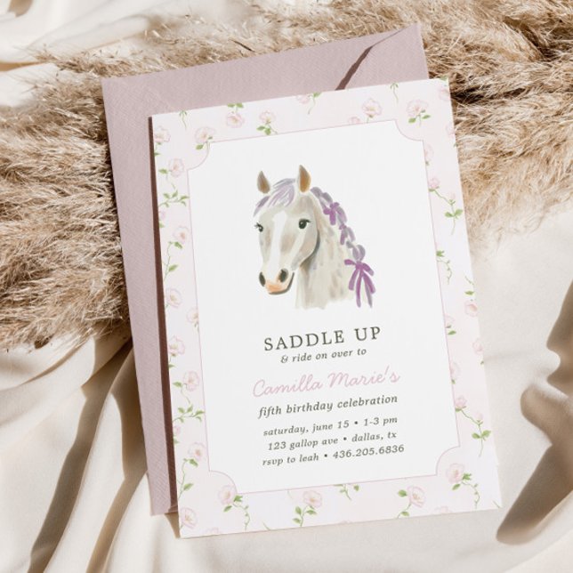 Girls Saddle Up Preppy Pony Horse Pink Birthday  Invitation (Creator Uploaded)