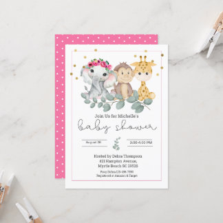 Girls Safari Animals and Greenery Baby Shower Invitation