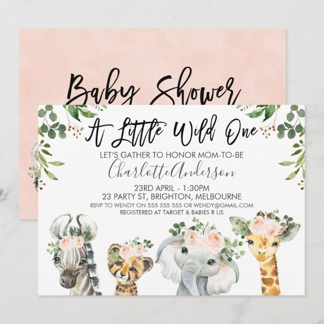 Girls Safari Animals Baby Shower Invitation (Front/Back)