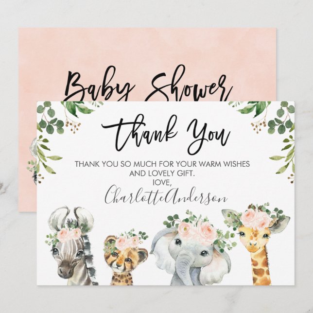 Girls Safari Animals Baby Shower Thank You Card (Front/Back)