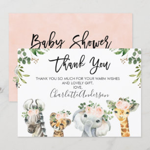 Girls Safari Animals Baby Shower Thank You Card