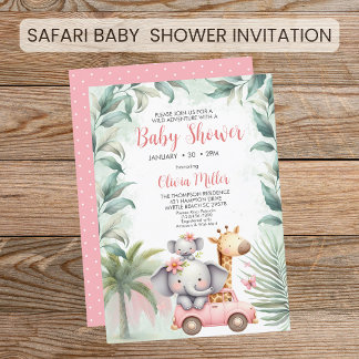 Girls Safari Animals Floral Tropical Baby Shower Invitation