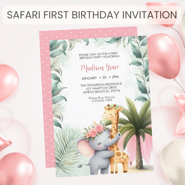 Girls Safari Animals Floral Tropical Birthday Invitation (Creator Uploaded)