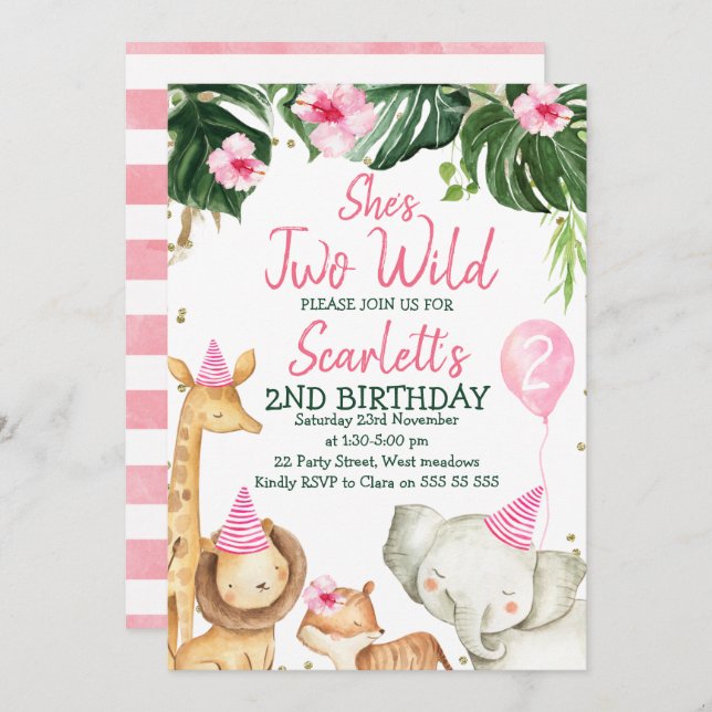 Girl's Safari Animals She's Two Wild Birthday Invitation (Front/Back)