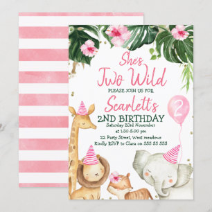 Girl's Safari Animals She's Two Wild Birthday Invitation
