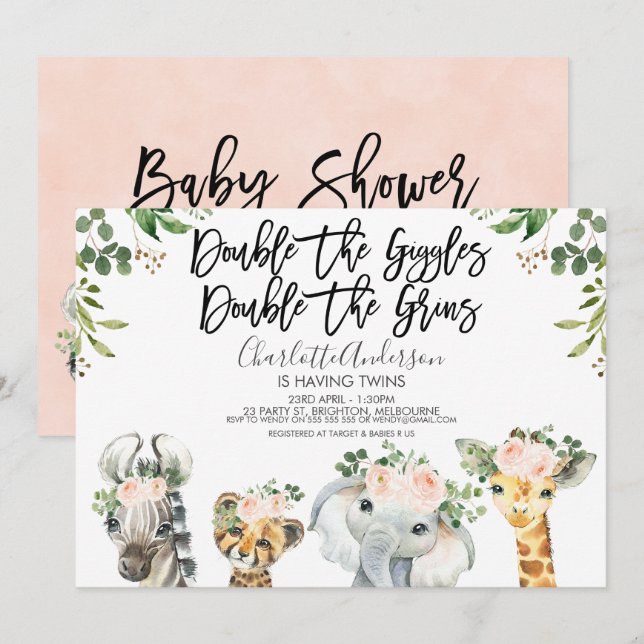Girls Safari Animals Twins Baby Shower Invitation (Front/Back)