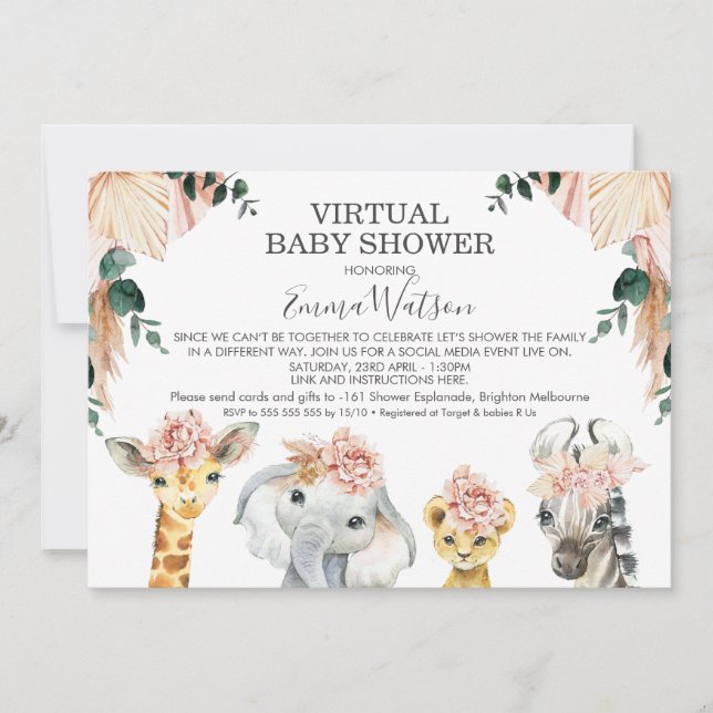 Girls Safari Animals Virtual Baby Shower Invitation (Front)