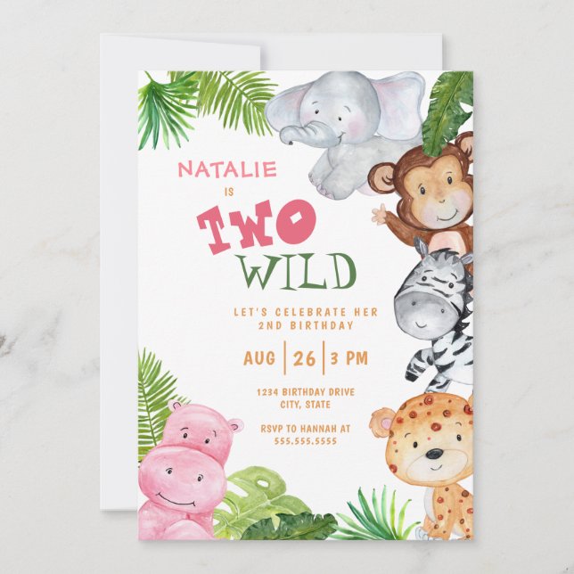 Girls Safari Jungle Two Wild 2nd Birthday Invitation (Front)