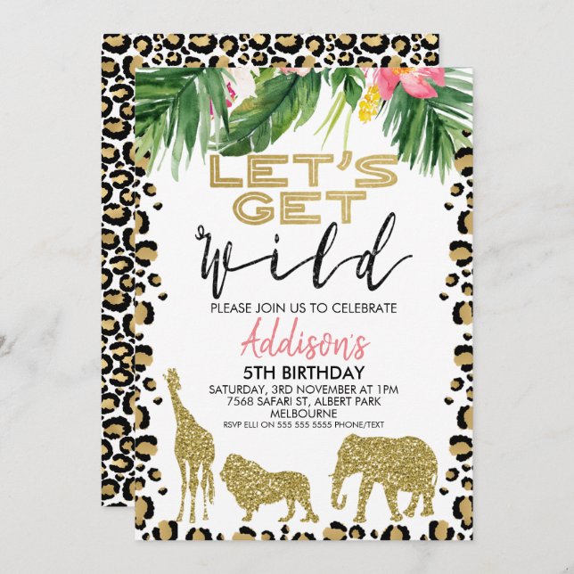 Girls Safari Let's Get Wild Birthday Invitation (Front/Back)