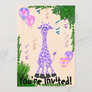 Girls Safari Purple Giraffe Birthday Invitation