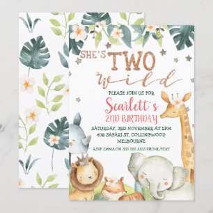 Girl's Safari She's Two Wild Birthday Invitation