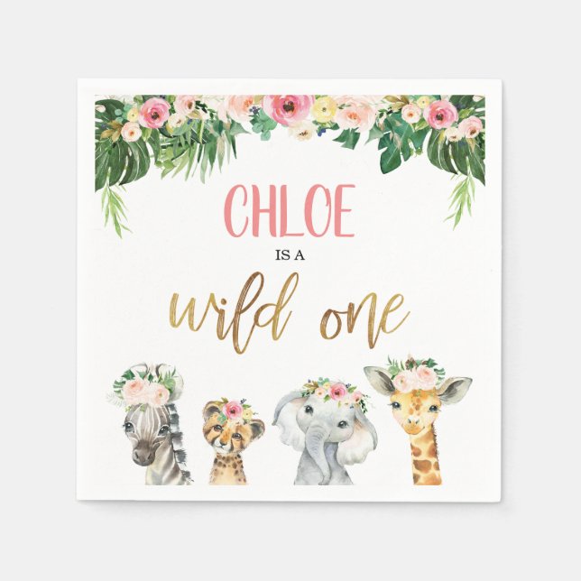 Girls safari themed wild one birthday napkin (Front)